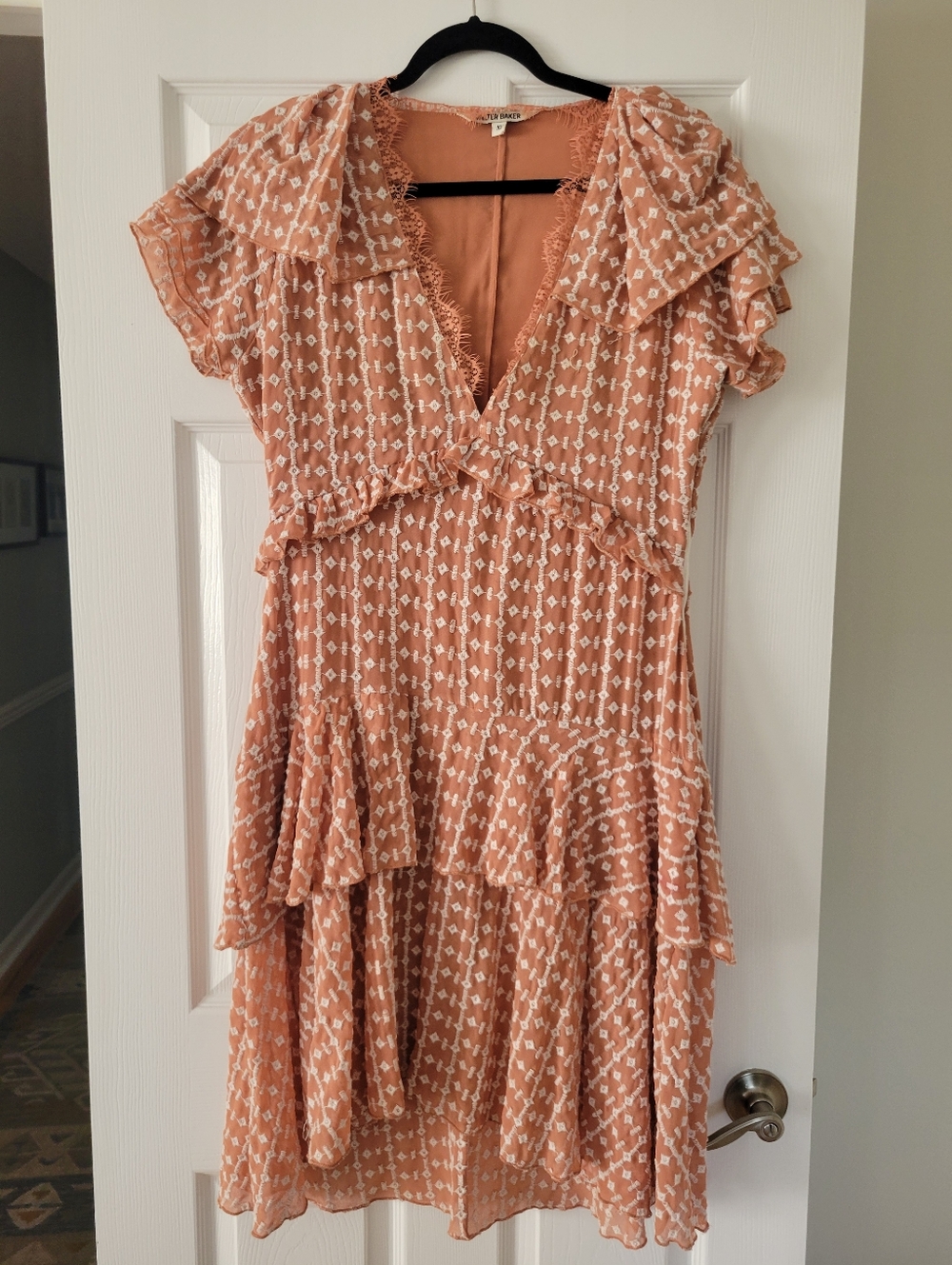 NWOT Women's Size 10  Peach Printed Ruffle Midi Dress